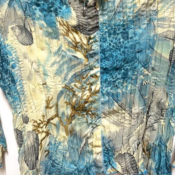 Boho Beaded Floral Top XL Blue Yellow Crinkle Blouse - Picture 6 of 13